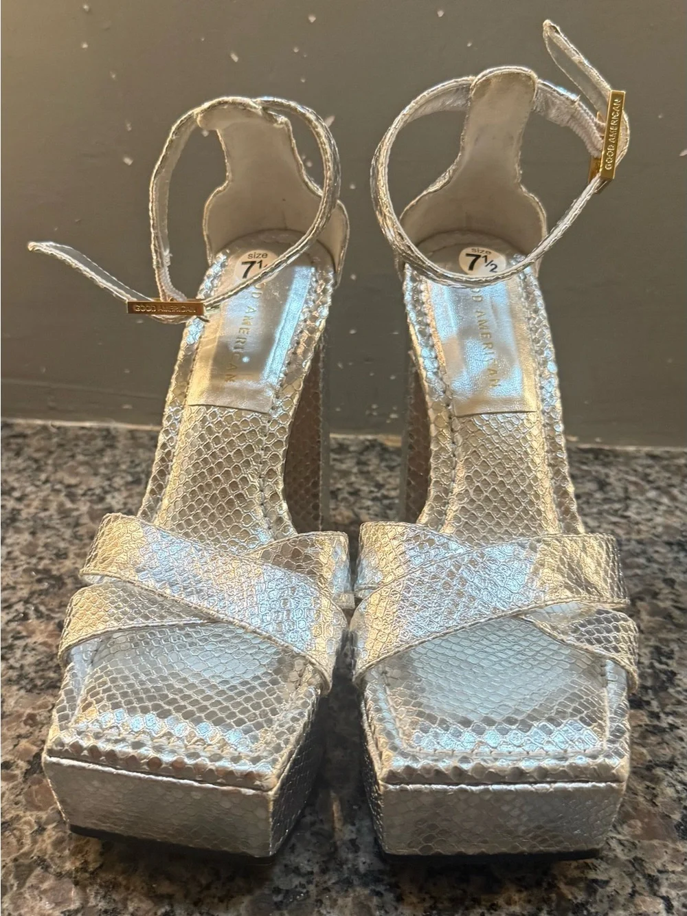 Good American Silver Snake-Print Platform Block Heels Size 7.5